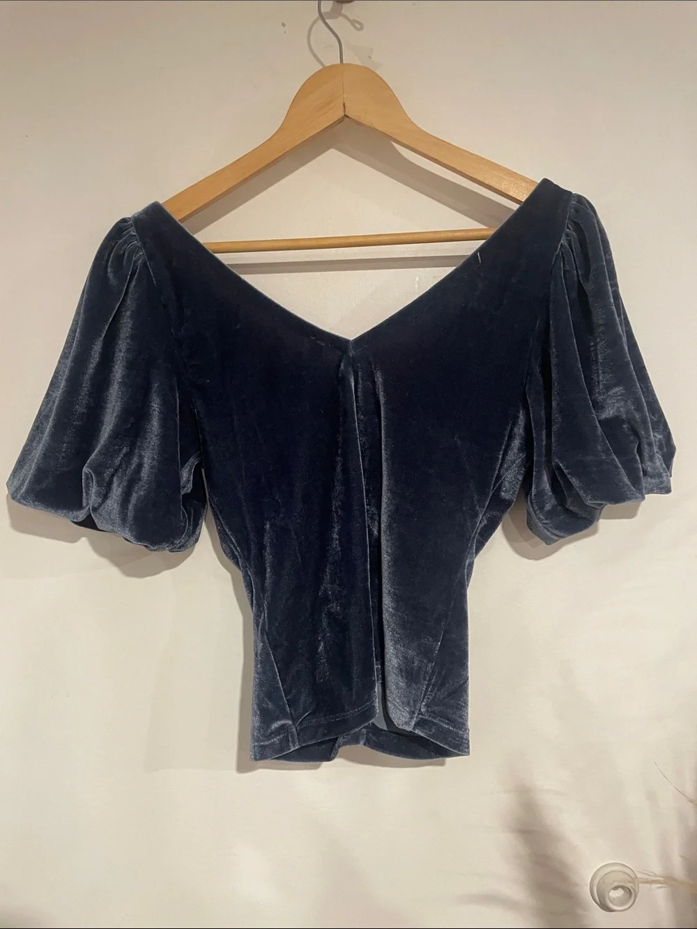 Free People Velvet Ruched V-Neck Puff Sleeve Top - Blue Sz XS B137
